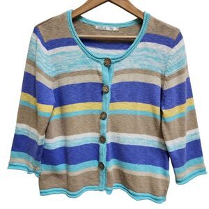 Lulu B Cardigan Sweater Women M Tan Blue Cotton Striped Button 3/4 Sleeve Rolled